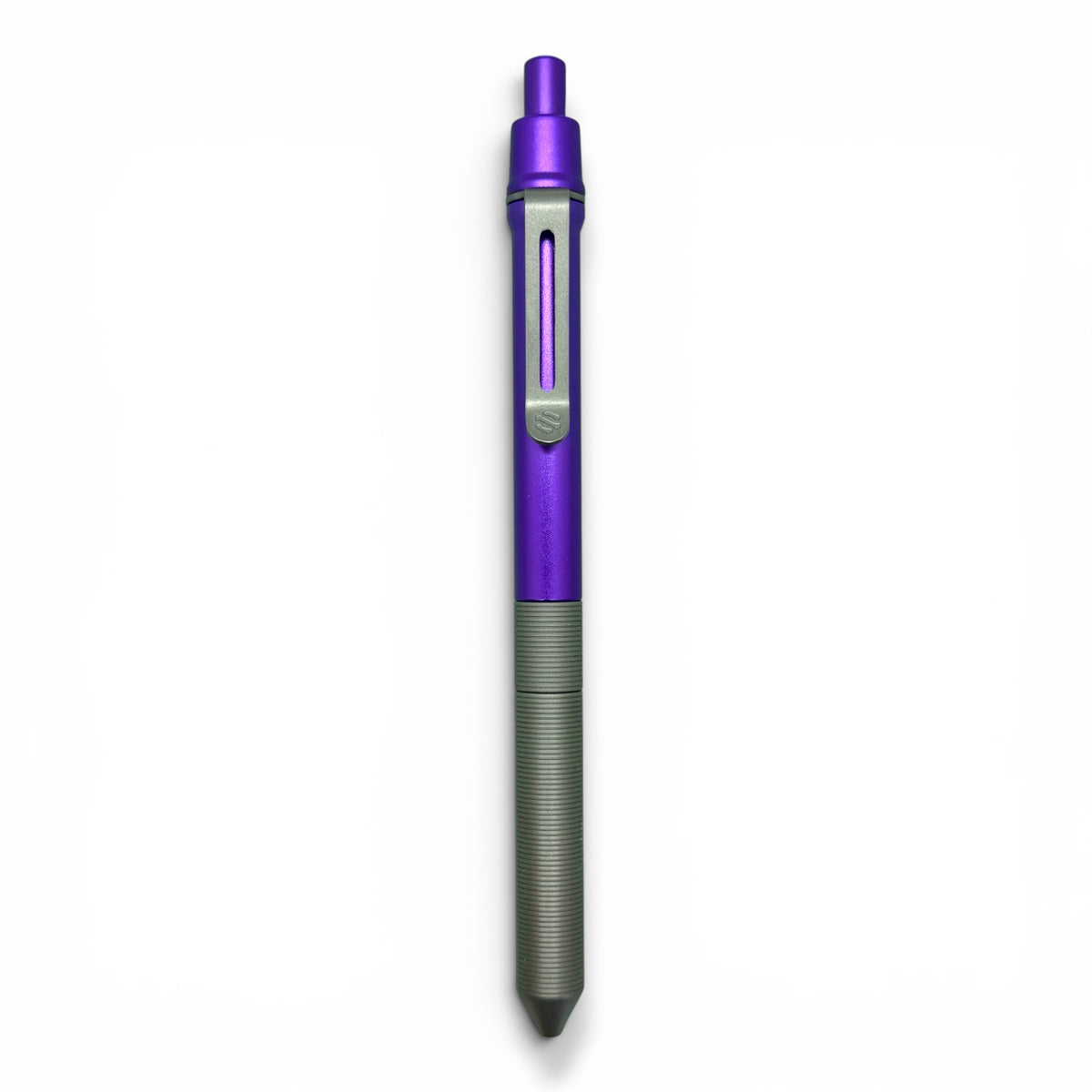 > Spoke Click Model CX-E: Matte Titanium Milli-Groove Grip / Purple Aluminum Barrel (Uses Pentel® EnerGel refills)