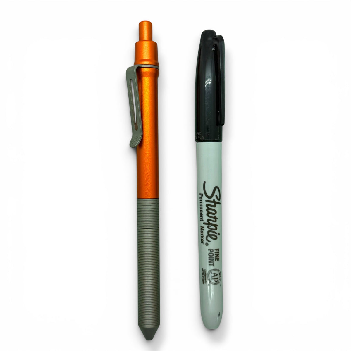 > Spoke Click Model CX-E: Matte Titanium Milli-Groove Grip / Orange Aluminum Barrel (Uses Pentel® EnerGel refills)