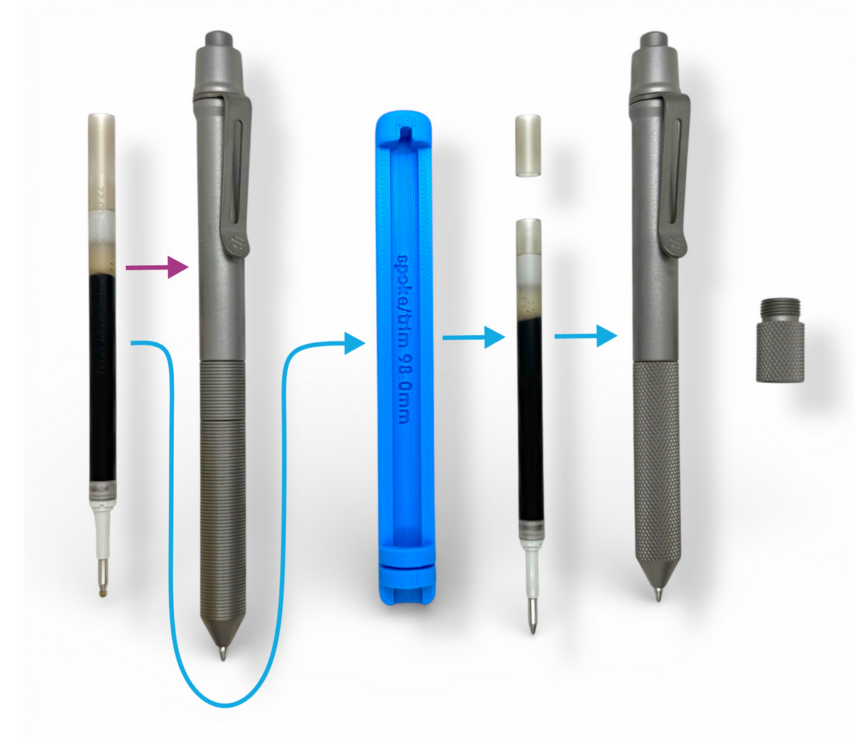 > Spoke Click Model CX-E: Matte Knurled Titanium Grip / Purple Aluminum Barrel (Uses Pentel® EnerGel refills)