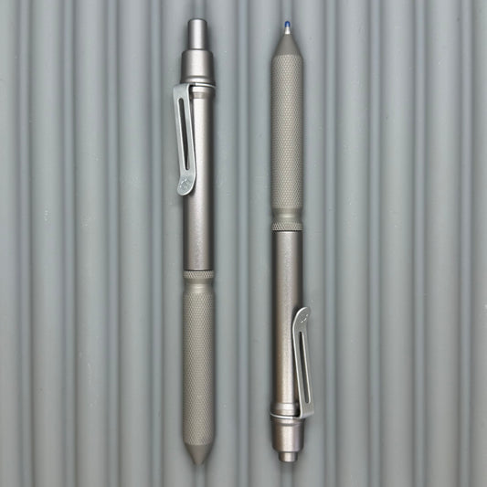 > Spoke Click Model CX: Gunmetal Ano Aluminum Barrel / Matte Titanium Flat Knurled Grip