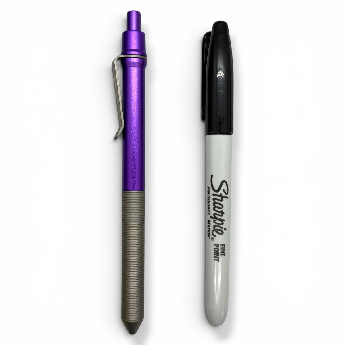 > Spoke Click Model CX-E: Matte Titanium Milli-Groove Grip / Purple Aluminum Barrel (Uses Pentel® EnerGel refills)