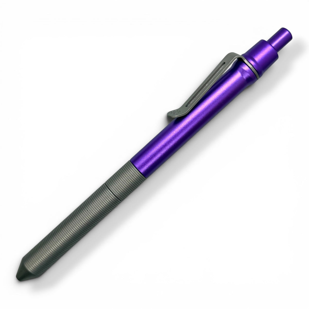 > Spoke Click Model CX-E: Matte Titanium Milli-Groove Grip / Purple Aluminum Barrel (Uses Pentel® EnerGel refills)