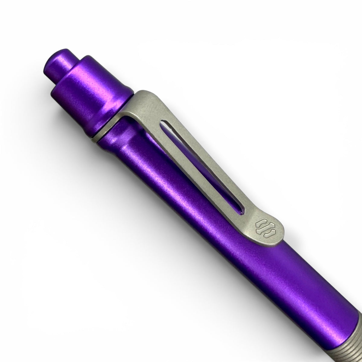 > Spoke Click Model CX-E: Matte Titanium Milli-Groove Grip / Purple Aluminum Barrel (Uses Pentel® EnerGel refills)