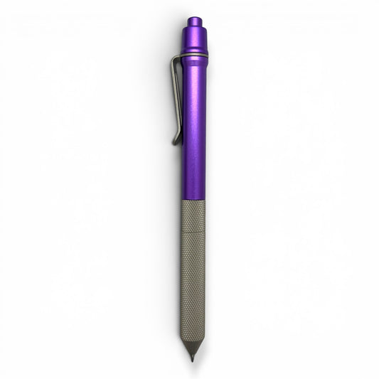 > Spoke Click Model CX-E: Matte Knurled Titanium Grip / Purple Aluminum Barrel (Uses Pentel® EnerGel refills)