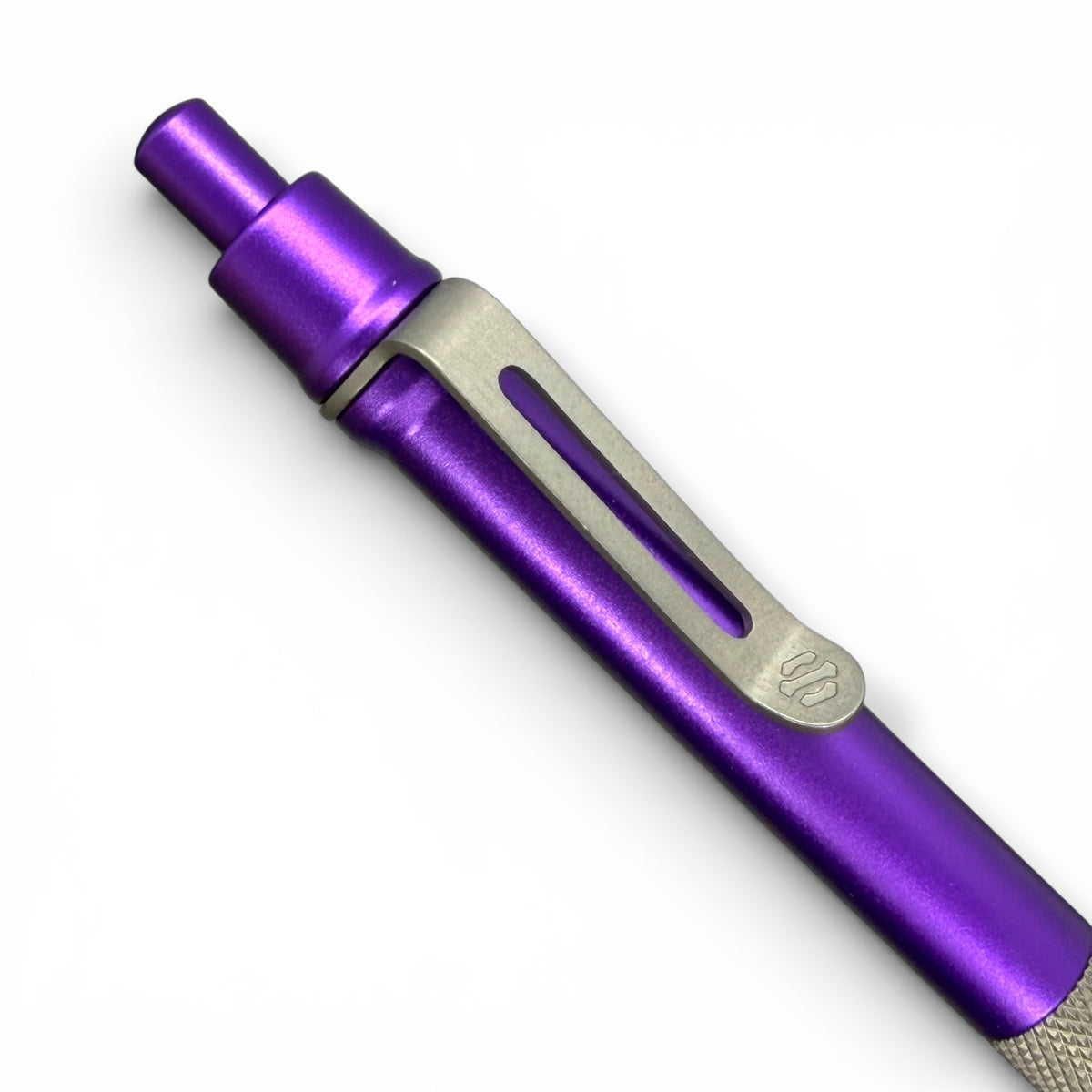 > Spoke Click Model CX-E: Matte Knurled Titanium Grip / Purple Aluminum Barrel (Uses Pentel® EnerGel refills)