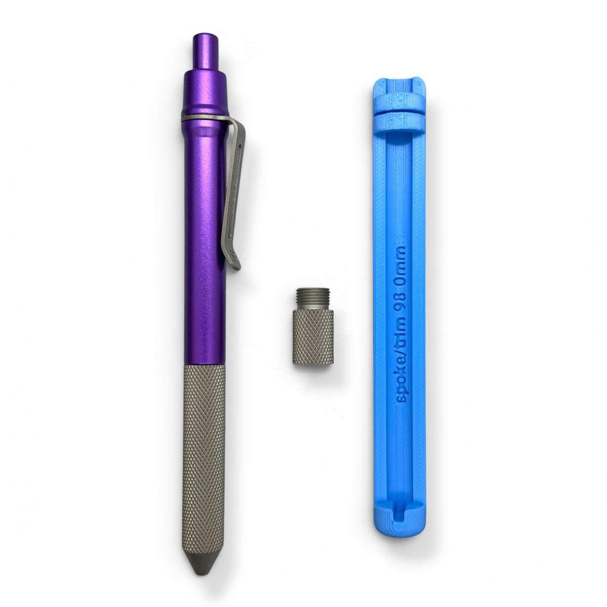 > Spoke Click Model CX-E: Matte Knurled Titanium Grip / Purple Aluminum Barrel (Uses Pentel® EnerGel refills)