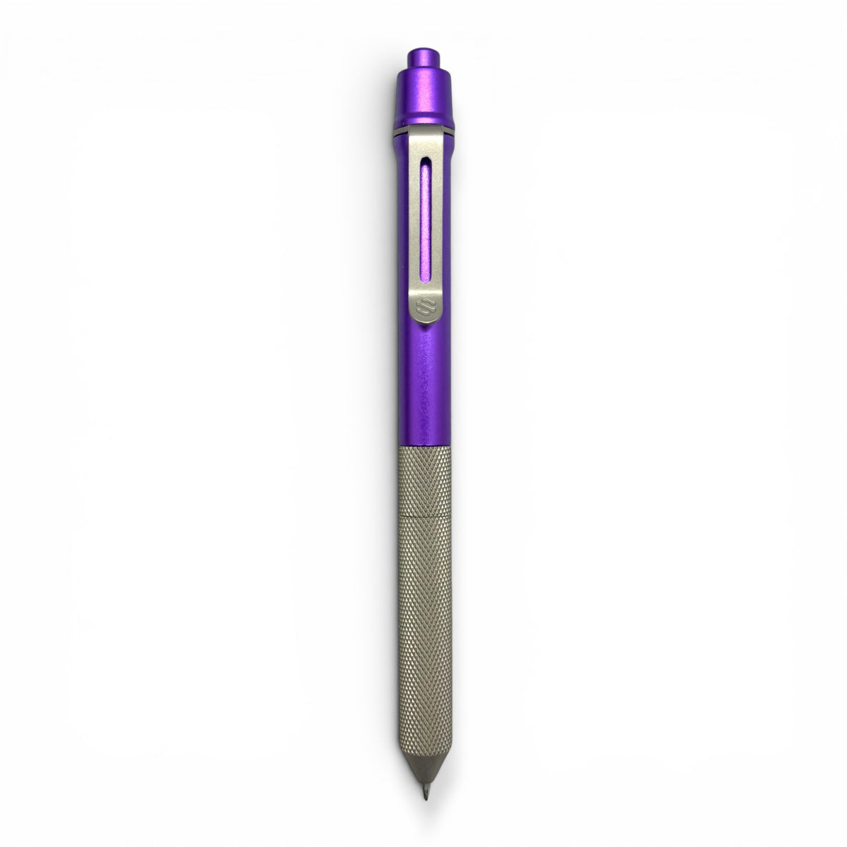 > Spoke Click Model CX-E: Matte Knurled Titanium Grip / Purple Aluminum Barrel (Uses Pentel® EnerGel refills)