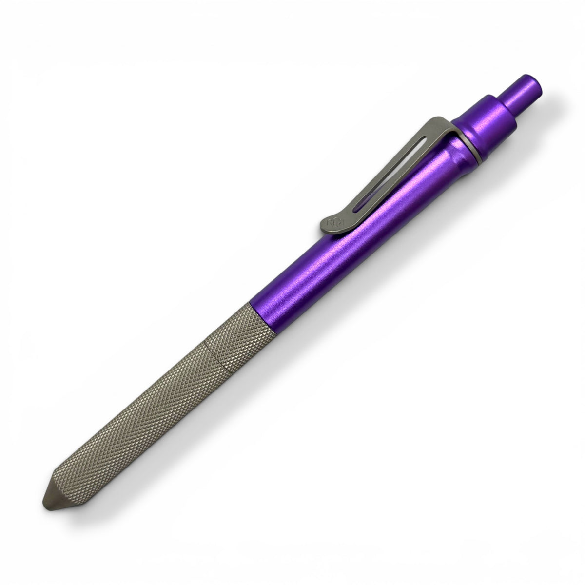 > Spoke Click Model CX-E: Matte Knurled Titanium Grip / Purple Aluminum Barrel (Uses Pentel® EnerGel refills)