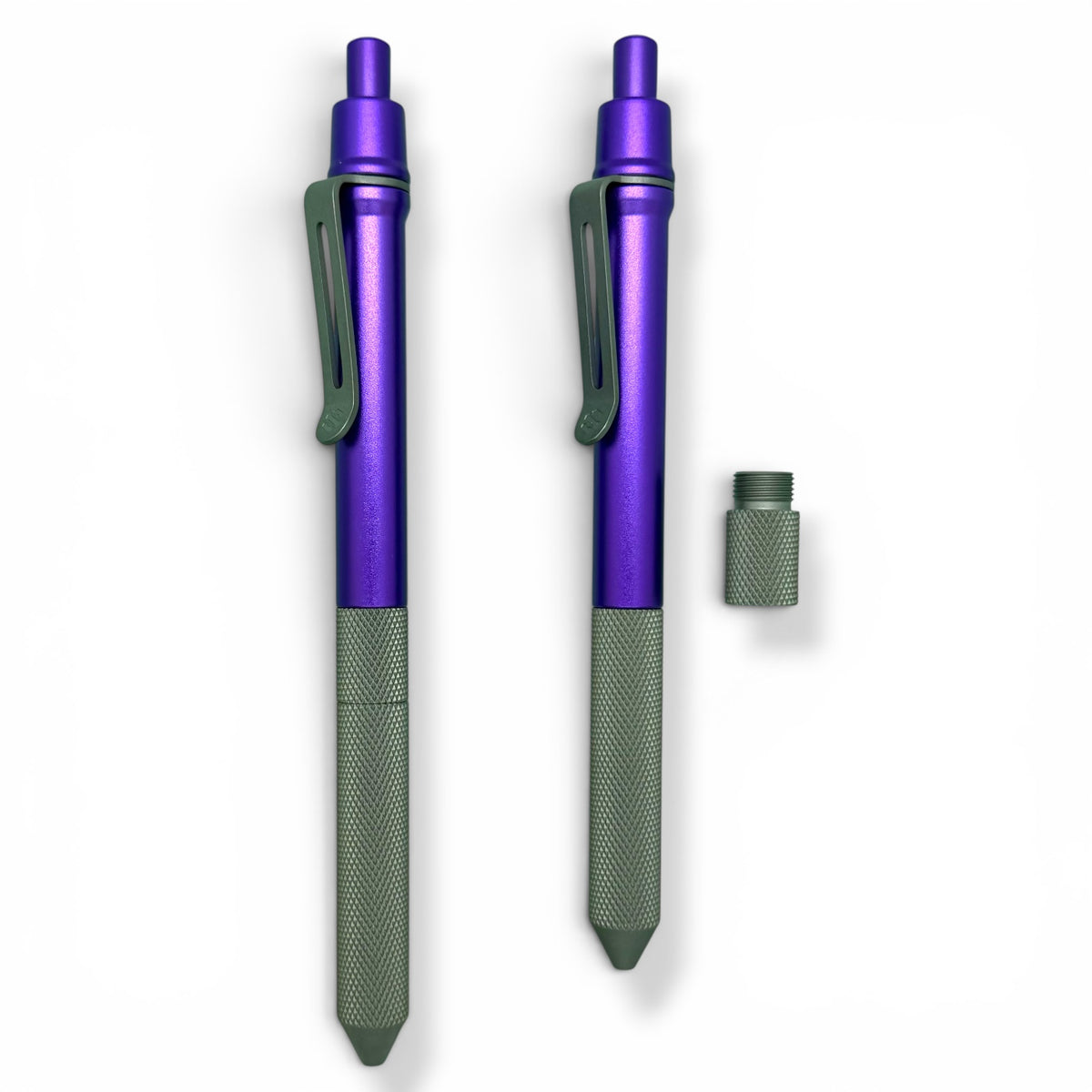 > Spoke Click Model CX-E: Matte Knurled Titanium Grip / Purple Aluminum Barrel (Uses Pentel® EnerGel refills)