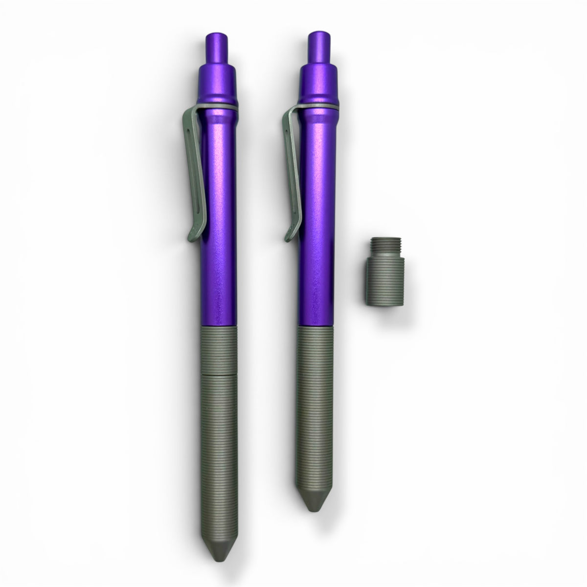 > Spoke Click Model CX-E: Matte Titanium Milli-Groove Grip / Purple Aluminum Barrel (Uses Pentel® EnerGel refills)