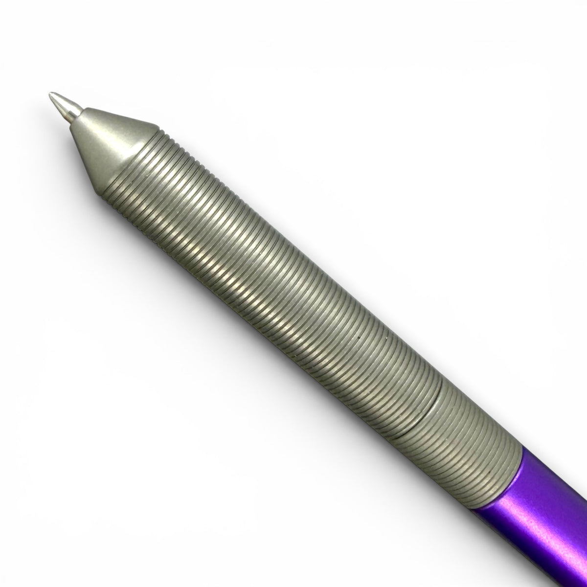 > Spoke Click Model CX-E: Matte Titanium Milli-Groove Grip / Purple Aluminum Barrel (Uses Pentel® EnerGel refills)