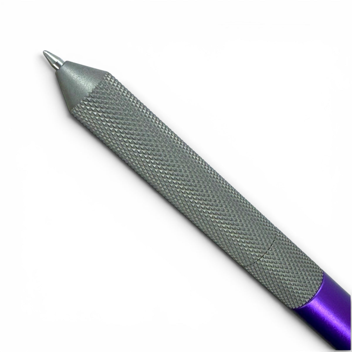 > Spoke Click Model CX-E: Matte Knurled Titanium Grip / Purple Aluminum Barrel (Uses Pentel® EnerGel refills)