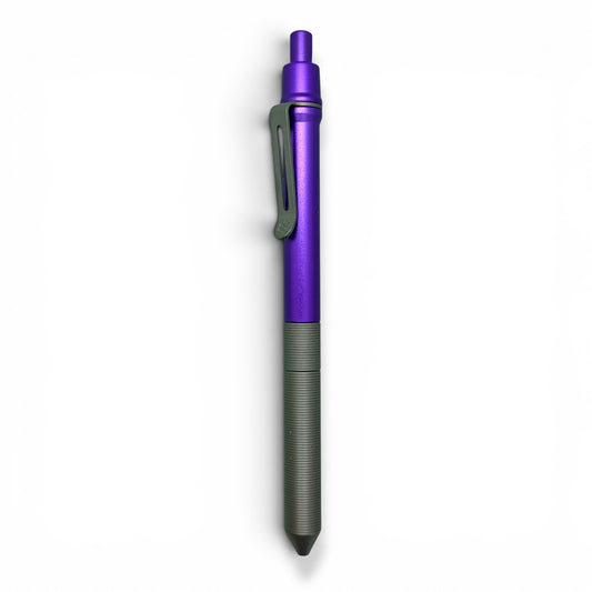 > Spoke Click Model CX-E: Matte Titanium Milli-Groove Grip / Purple Aluminum Barrel (Uses Pentel® EnerGel refills)
