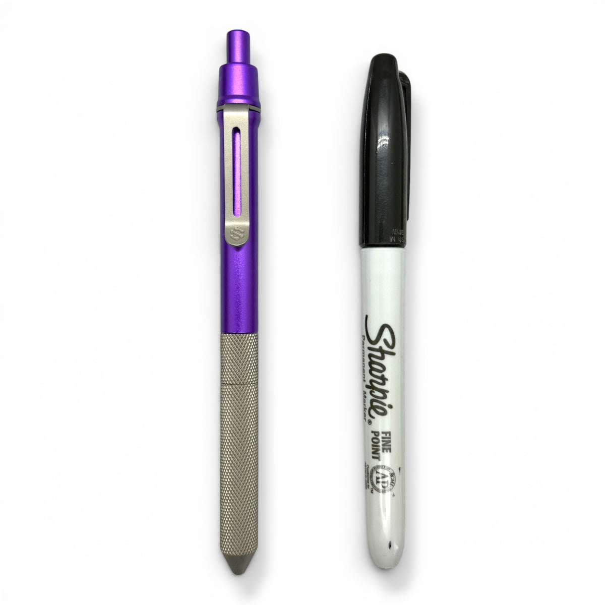> Spoke Click Model CX-E: Matte Knurled Titanium Grip / Purple Aluminum Barrel (Uses Pentel® EnerGel refills)