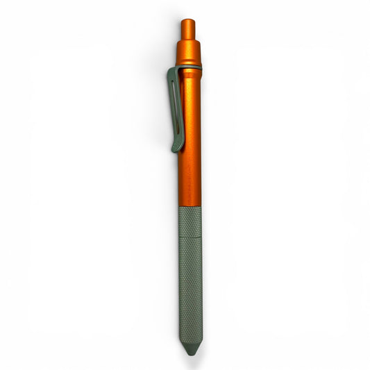 > Spoke Click Model CX-E: Matte Knurled Titanium Grip / Orange Aluminum Barrel (Uses Pentel® EnerGel refills)
