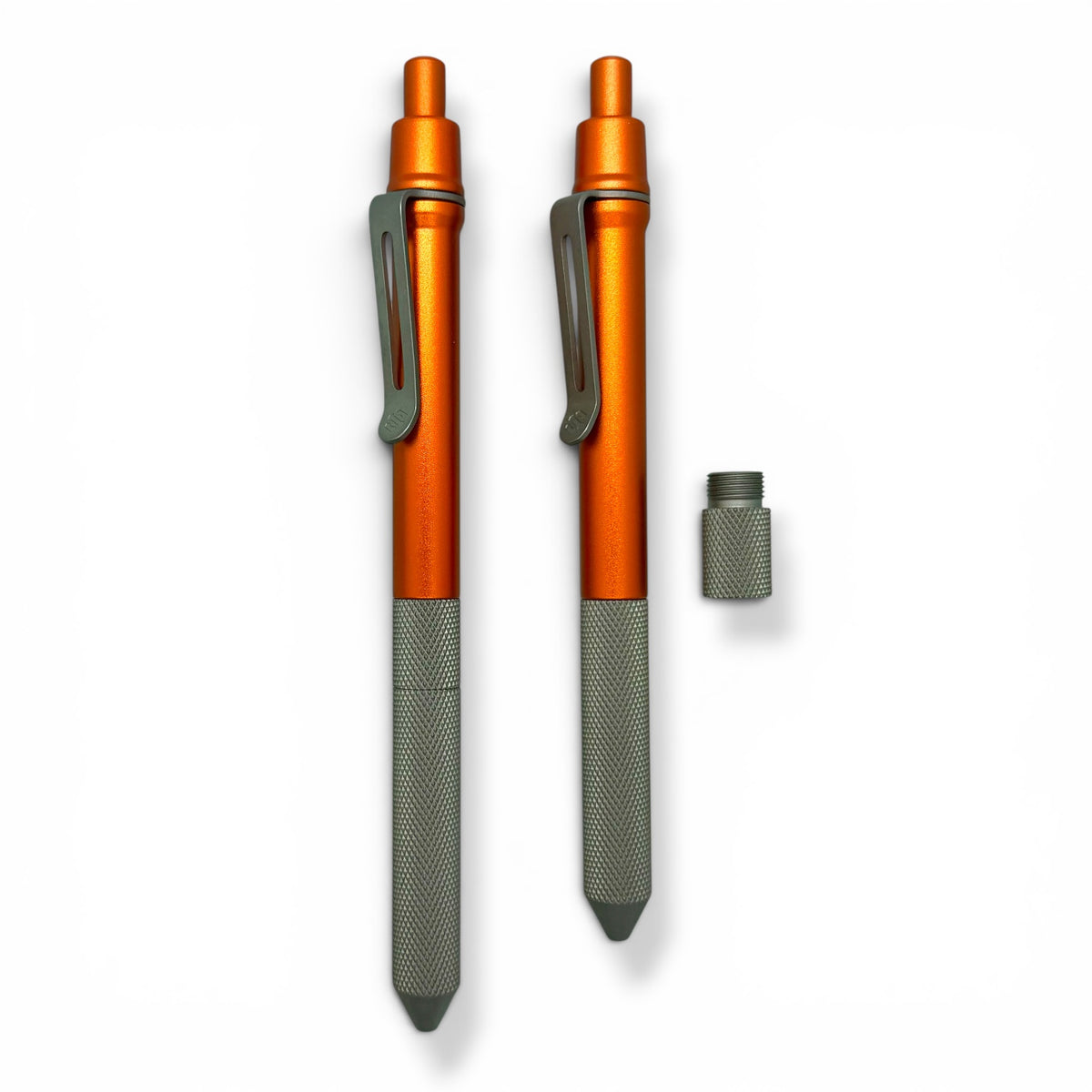 > Spoke Click Model CX-E: Matte Knurled Titanium Grip / Orange Aluminum Barrel (Uses Pentel® EnerGel refills)