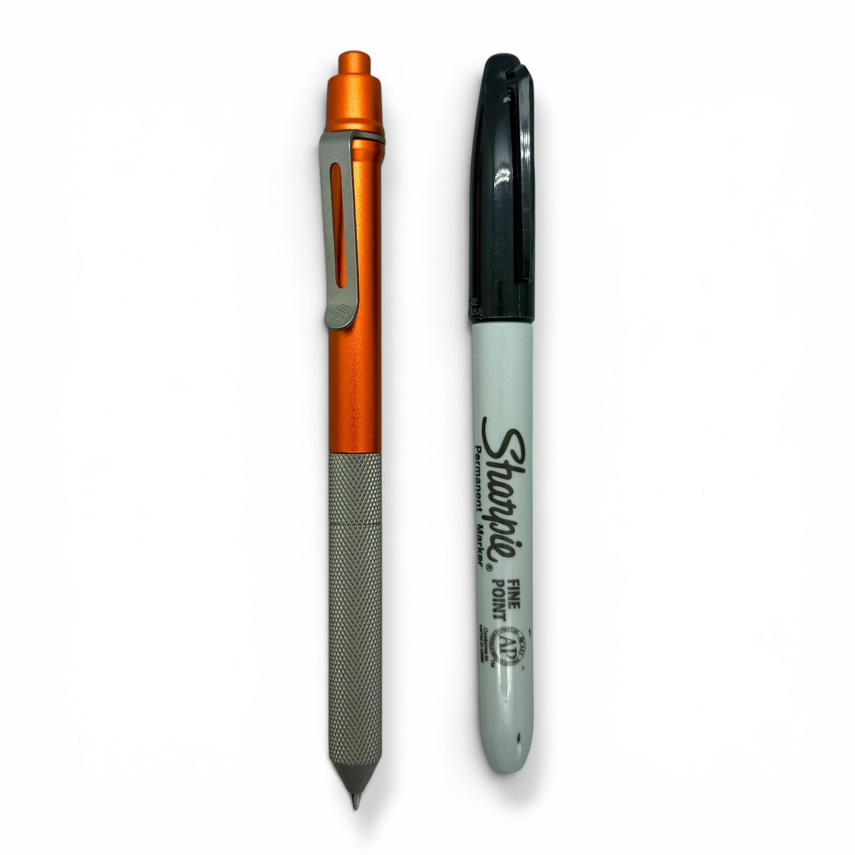 > Spoke Click Model CX-E: Matte Knurled Titanium Grip / Orange Aluminum Barrel (Uses Pentel® EnerGel refills)