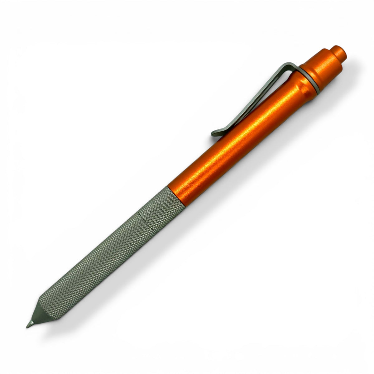 > Spoke Click Model CX-E: Matte Knurled Titanium Grip / Orange Aluminum Barrel (Uses Pentel® EnerGel refills)