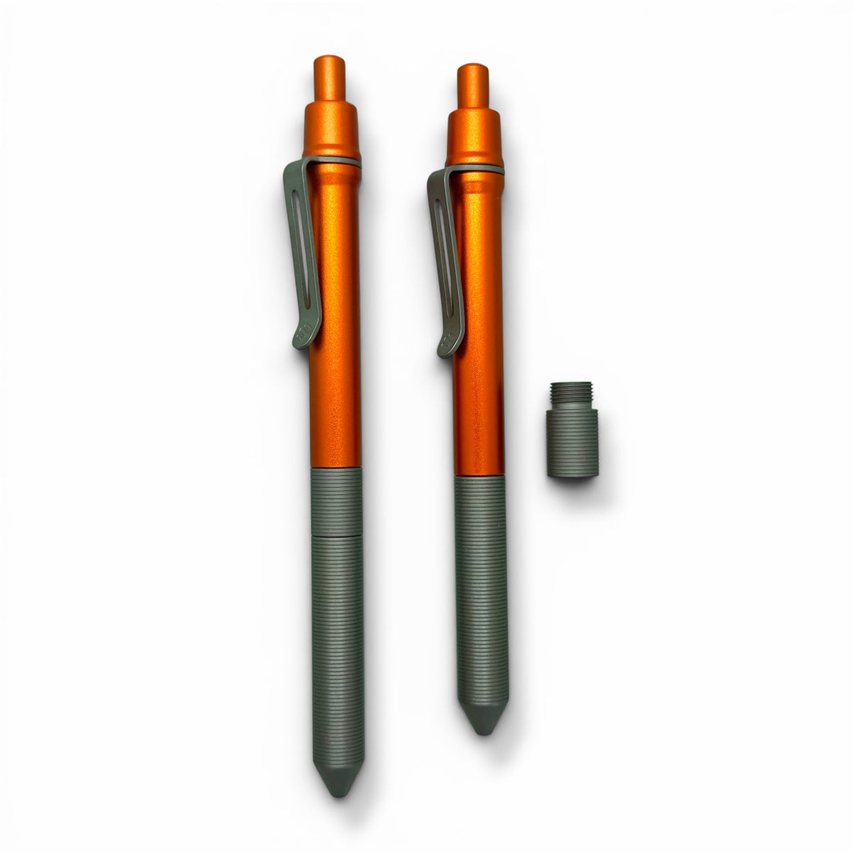 > Spoke Click Model CX-E: Matte Titanium Milli-Groove Grip / Orange Aluminum Barrel (Uses Pentel® EnerGel refills)