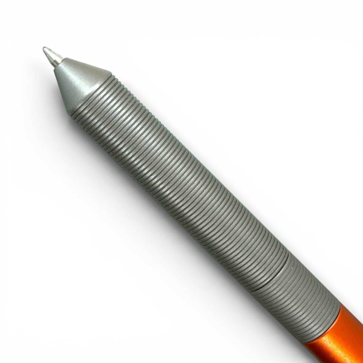 > Spoke Click Model CX-E: Matte Titanium Milli-Groove Grip / Orange Aluminum Barrel (Uses Pentel® EnerGel refills)