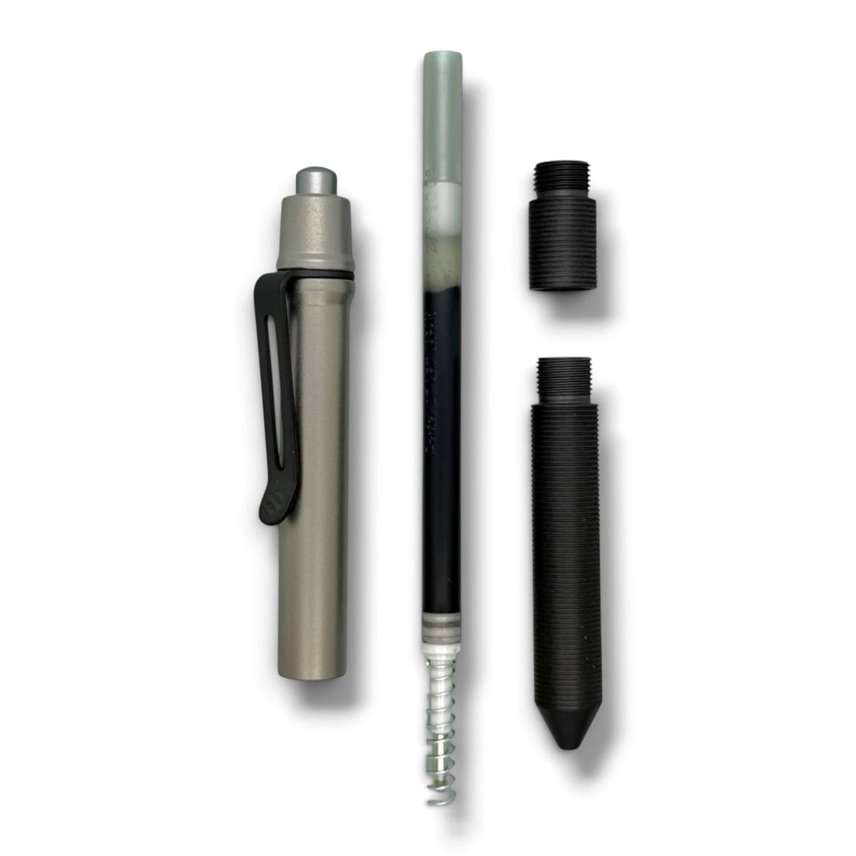 > Spoke Click Model CX-E: Matte Titanium / Black Ti Grooved Grip & Clip (Pentel® EnerGel refill)