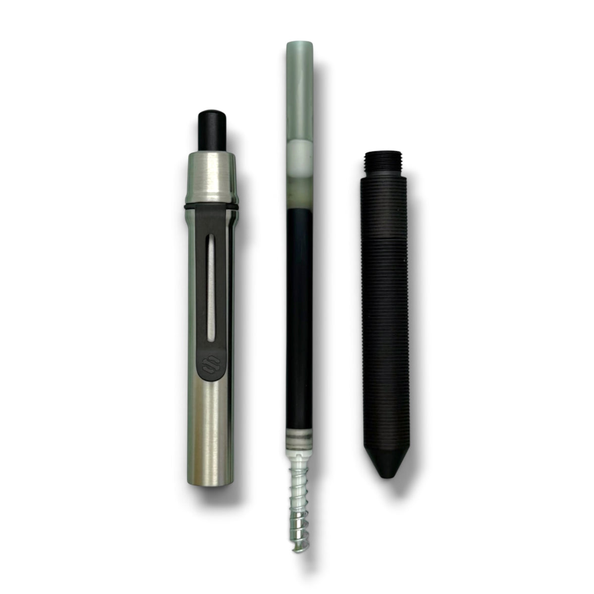 > Spoke Click Model CX-E: Satin Titanium / Black Ti Knurled Grip & Clip (Pentel® EnerGel refill) (Copy) (Copy)
