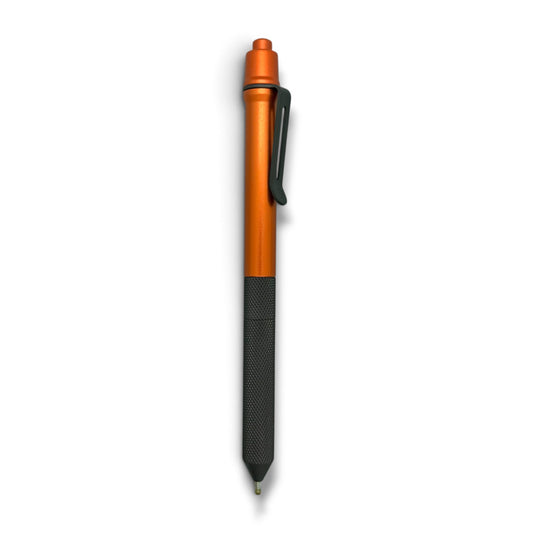 > Spoke Click Model CX-E: Matte Knurled Black Titanium Grip and Clip / Orange Aluminum Barrel (Pentel® EnerGel refill)
