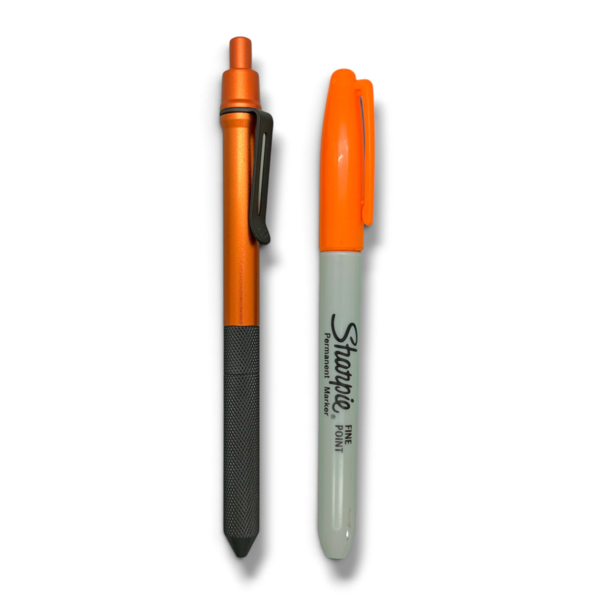 > Spoke Click Model CX-E: Matte Knurled Black Titanium Grip and Clip / Orange Aluminum Barrel (Pentel® EnerGel refill)